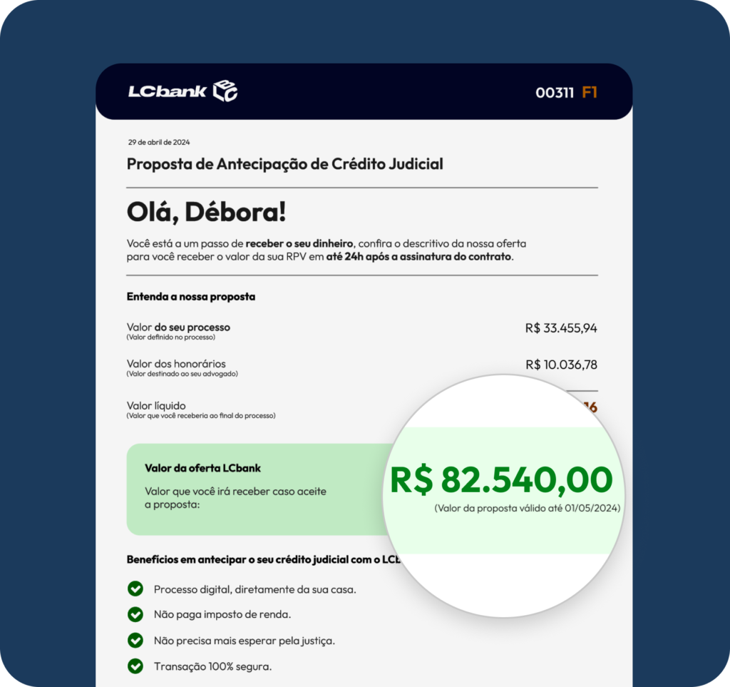 Proposta de antecipação de crédito judicial LCbank: R$ 82.540,00