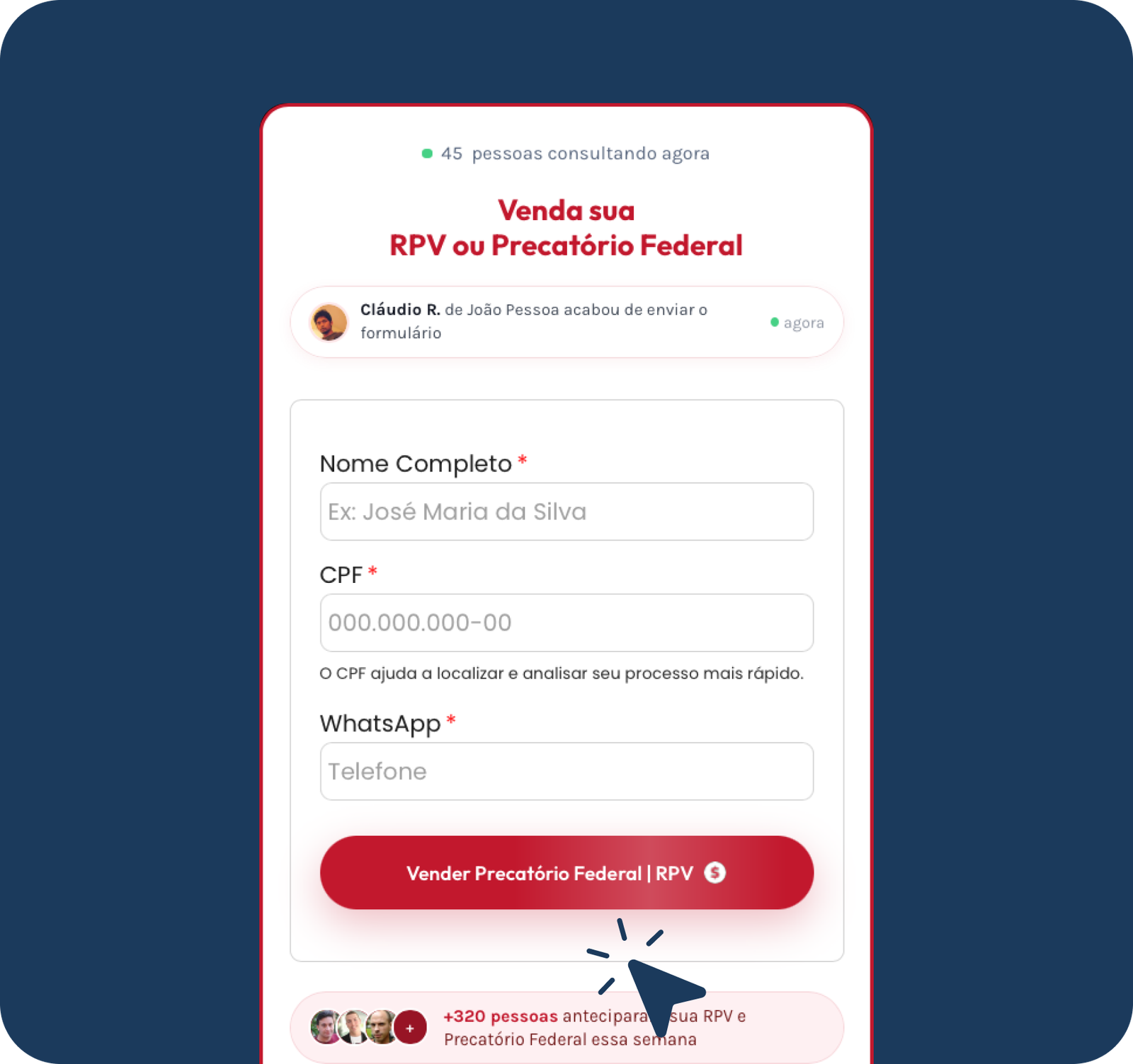 Formulário para vender RPV ou precatório federal, com campos para nome, CPF e WhatsApp.