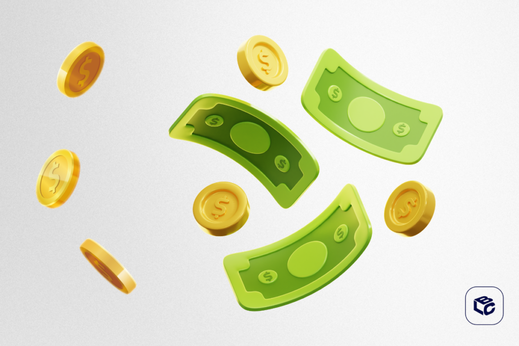Dinheiro em notas e moedas voando, com símbolo de dólar