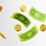 Dinheiro em notas e moedas voando, com símbolo de dólar