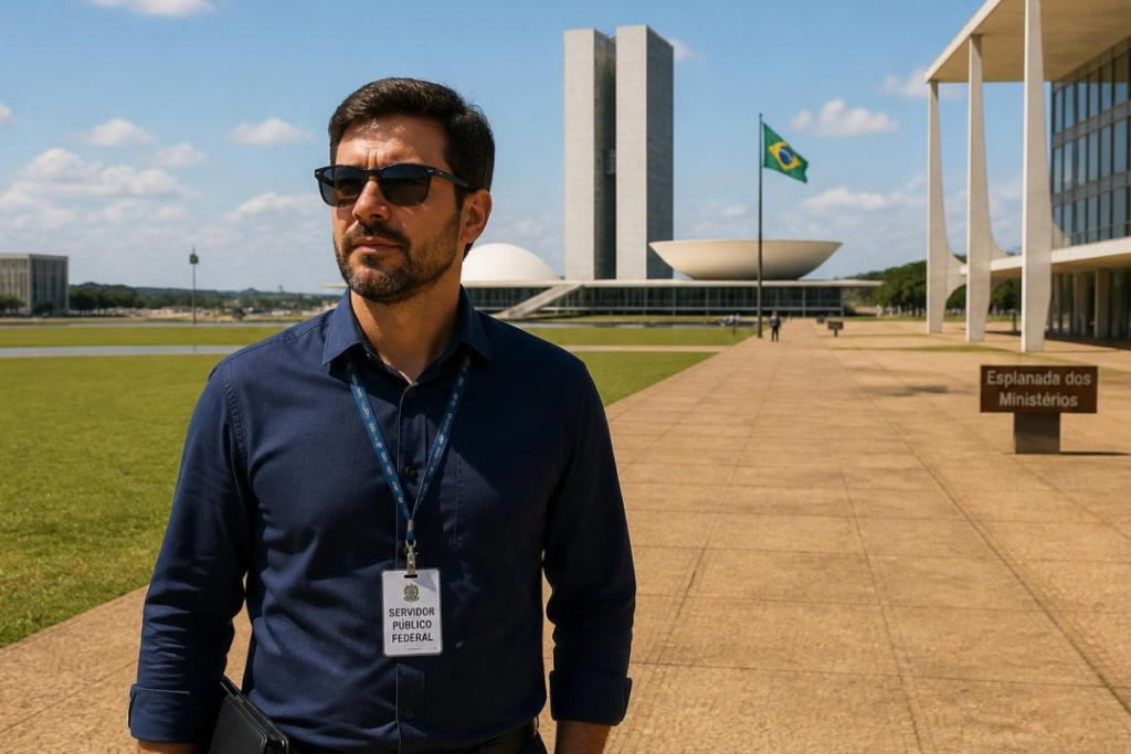 Pessoa usando camisa social azul-marinho, óculos escuros e crachá com a identificação “Servidor Público Federal”, posicionada em primeiro plano na Esplanada dos Ministérios, em Brasília. Ao fundo aparecem o Congresso Nacional, a bandeira do Brasil hasteada, amplas áreas gramadas e edifícios governamentais. À direita da imagem há uma placa com o texto “Esplanada dos Ministérios”. A cena foi registrada durante o dia, sob céu azul com poucas nuvens e iluminação natural.