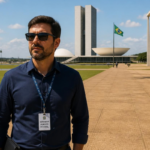 Pessoa usando camisa social azul-marinho, óculos escuros e crachá com a identificação “Servidor Público Federal”, posicionada em primeiro plano na Esplanada dos Ministérios, em Brasília. Ao fundo aparecem o Congresso Nacional, a bandeira do Brasil hasteada, amplas áreas gramadas e edifícios governamentais. À direita da imagem há uma placa com o texto “Esplanada dos Ministérios”. A cena foi registrada durante o dia, sob céu azul com poucas nuvens e iluminação natural.